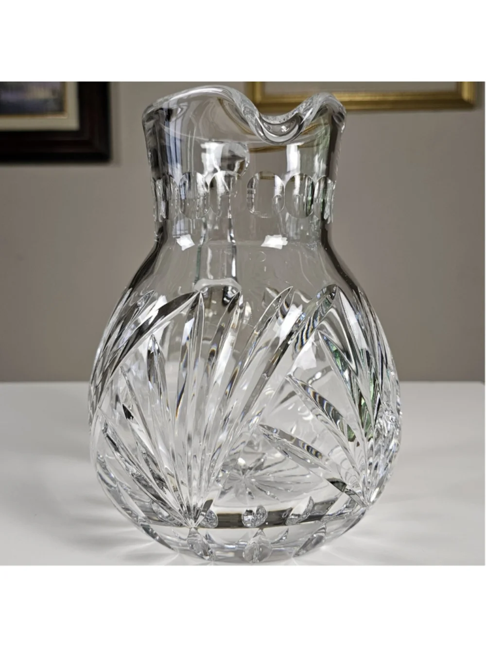 Vintage Heavy 24% Lead Crystal Water Pitcher Jug 4.7 lbs Fan Cut Rare Find